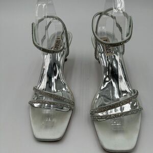 Badgley Mischka Silver Satin Rhinestone Bridal Strappy Wedding Kitten Heels Sz 9